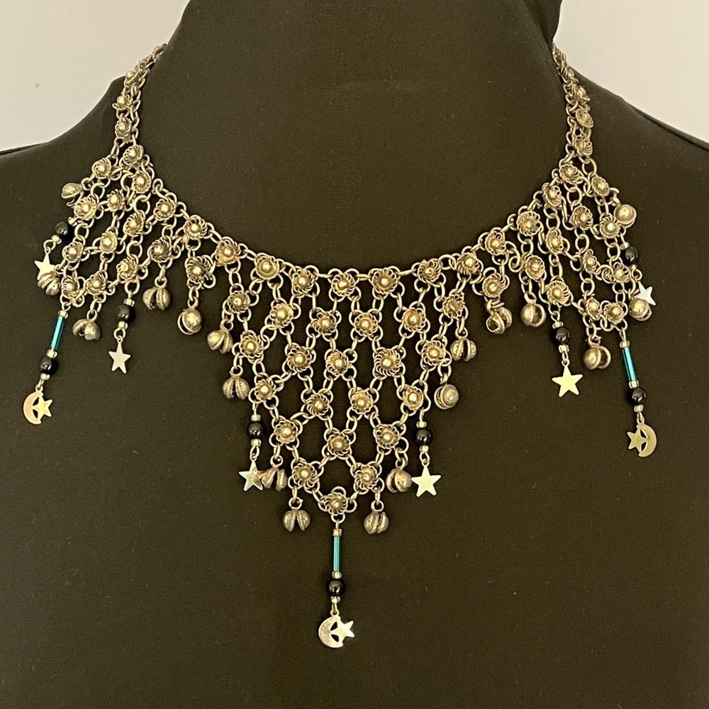 Vintage Boho Chandelier Necklace Crescent Moon Star Charms Silver Tone Dangles